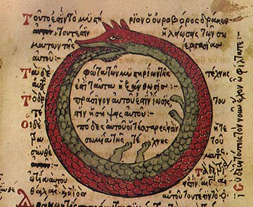 Historic drawing of a scaled serpent forming a circle with its tail in its mouth